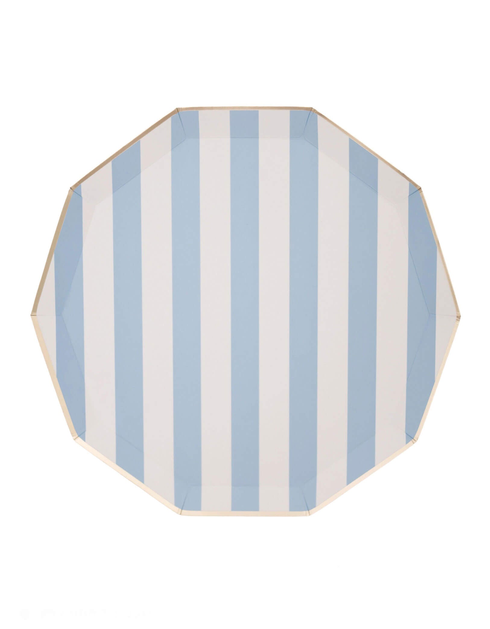 Momo Party's 10.75" Sky Blue Cabana Stripe Dinner Plates by Bonjour Fete. Comes in a set of 8 paper plates, these elegant blue sky dinner plates feature a charming pastel stripe pattern for a soft touch. Perfect for adding a pop of color to your next gathering.