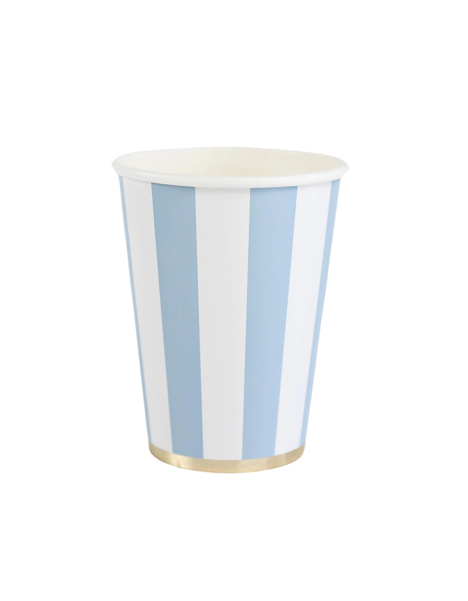 Momo Party's 12 oz Sky Blue Cabana Stripe Cups by Bonjour Fete. These baby blue party paper cups feature a charming pastel stripe pattern for a soft touch. Perfect for adding a pop of color to your next gathering. Sip on some fun with these playful cups!