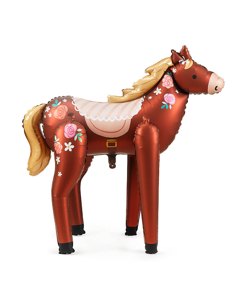 Momo Party's  40" x 42"  Standing Pony Foil Balloon by Party Deco. With the classic color of brown, this pony features pink floral designs on its body and a friendly face, making this a charming and darling balloon decoration for girl's horse themed birthday party.