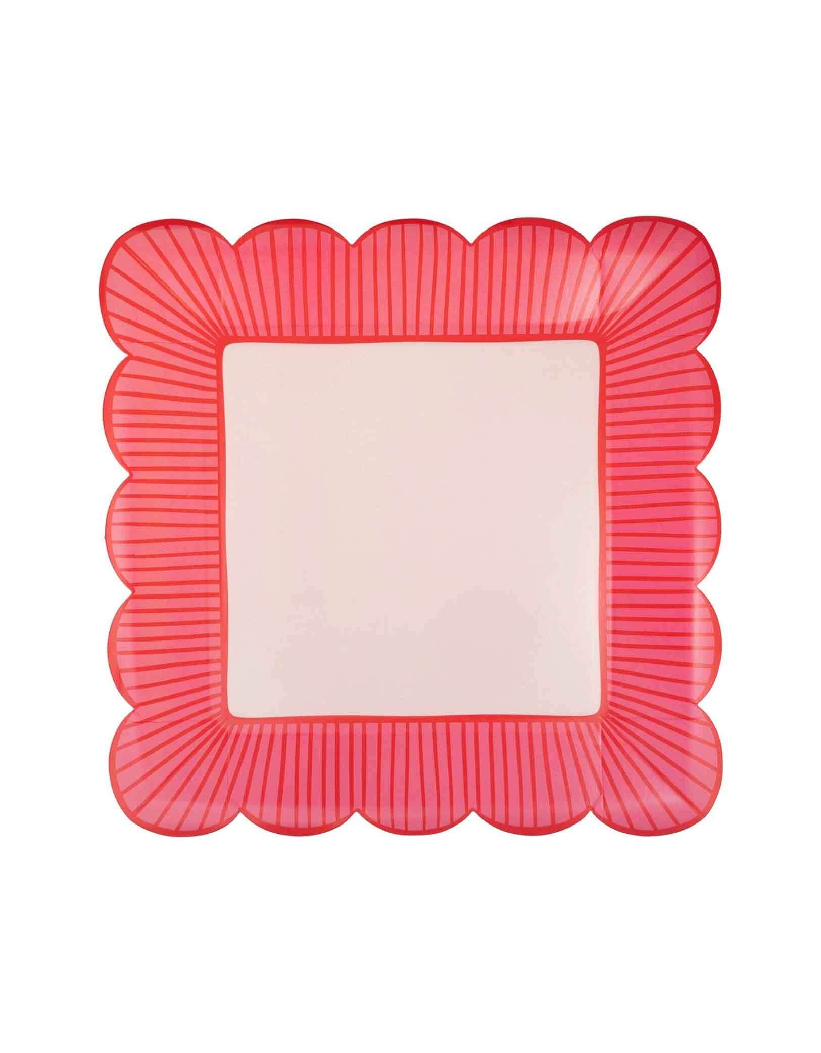 Momo Party's 10" Striped Edge Scalloped Square Plates by My Mind's Eye. Jazz up your Valentine's Day table with this Striped Edge Scalloped Square Plate. The playful stripes add a dash of fun to your romantic dinner, while the scalloped edges give a touch of elegance. Perfect for serving sweet treats!