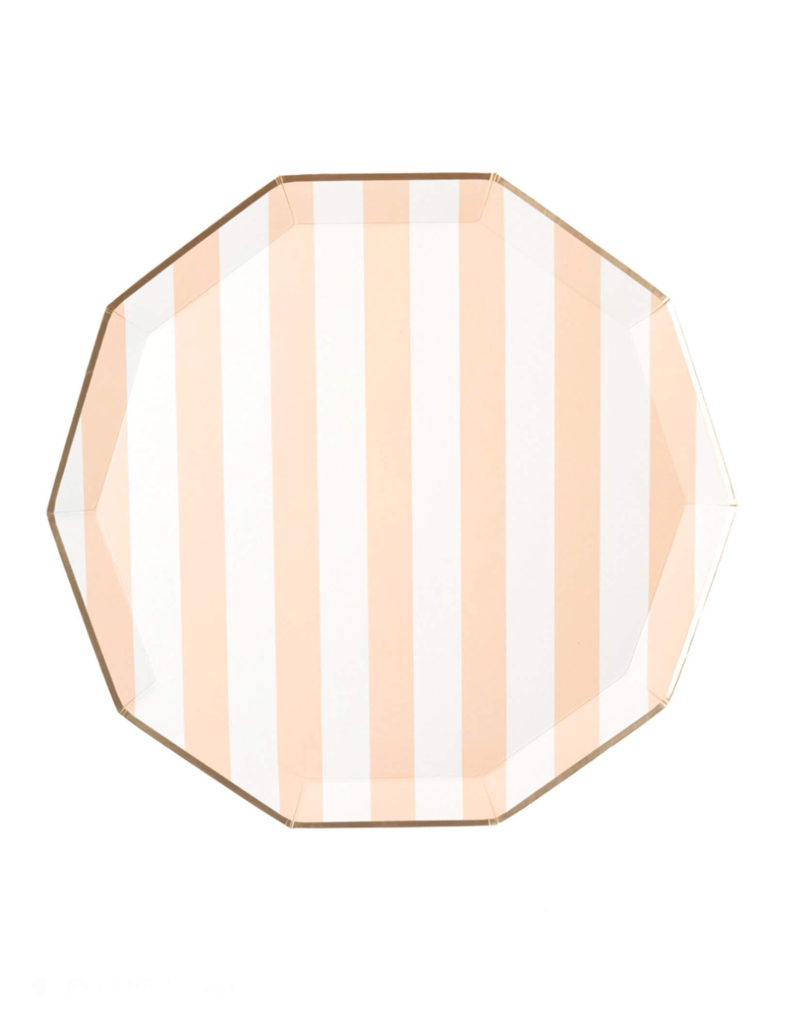 Momo Party's 10.75" Sweet Peach Cabana Stripe Decagon Dinner Plates by Bonjour Fete. Comes in a set of 8 paper plates, these elegant peach dinner plates feature a charming pastel stripe pattern for a soft touch. Perfect for adding a pop of color to your next gathering.