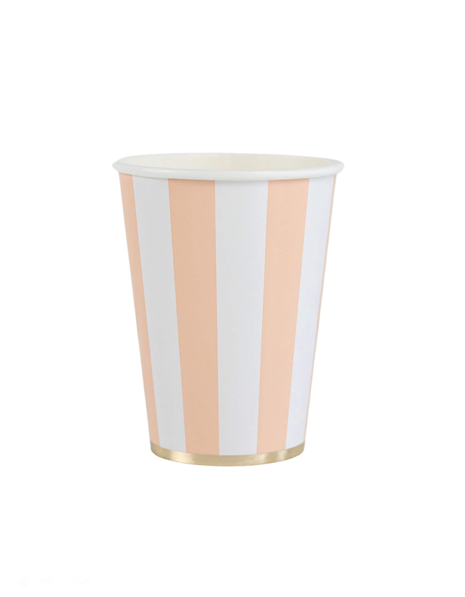 Momo Party's 12 oz Sweet Peach Cabana Stripe Cup by Bonjour Fete. This peach cup features a charming pastel stripe pattern for a soft touch. Perfect for adding a pop of color to your next gathering. Sip on some fun with this playful cup!