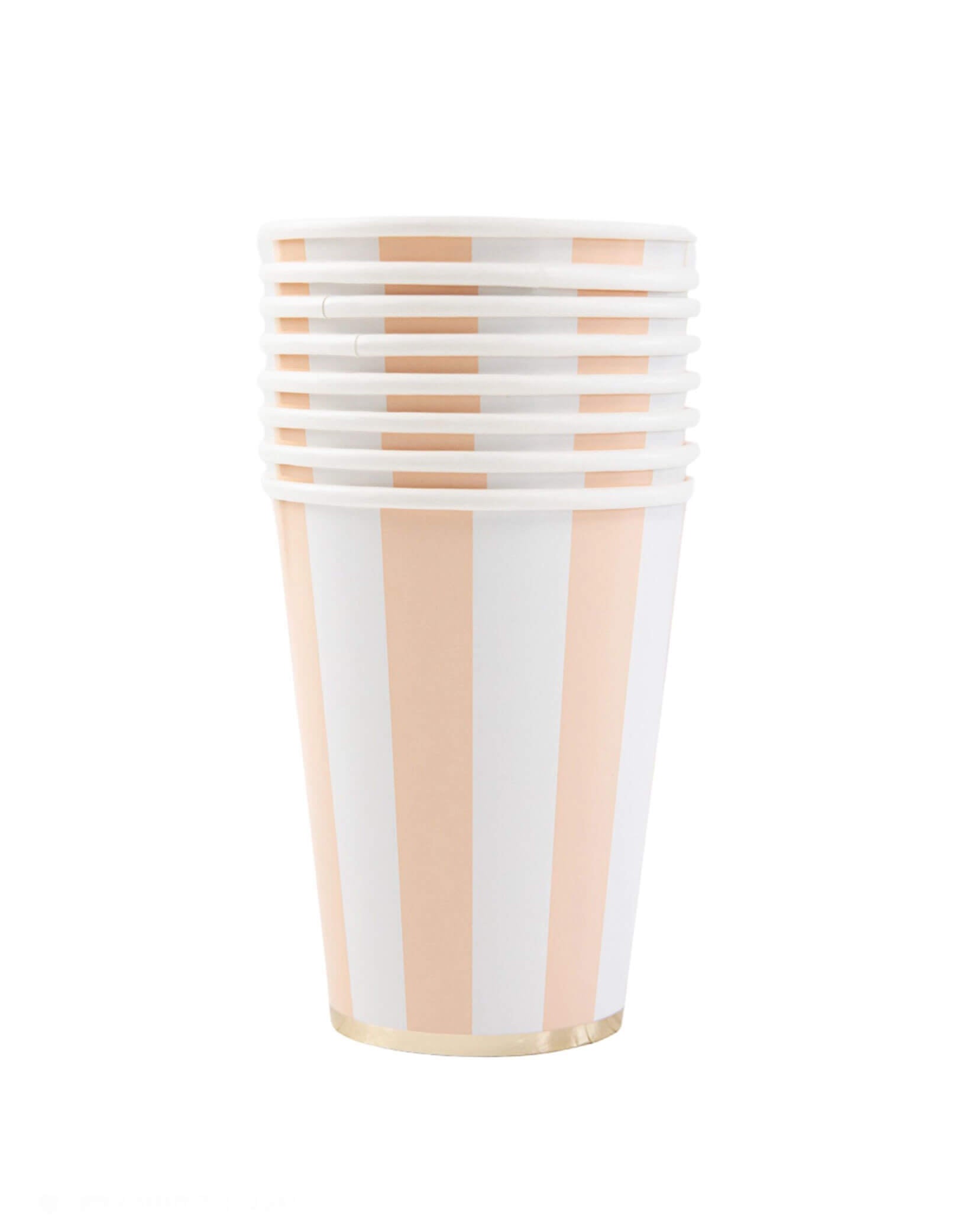 Momo Party's 12 oz Sweet Peach Cabana Stripe Cup by Bonjour Fete. Comes in a set of 8 paper cups, these peach cups feature a charming pastel stripe pattern for a soft touch. Perfect for adding a pop of color to your next gathering. Sip on some fun with these playful cups!