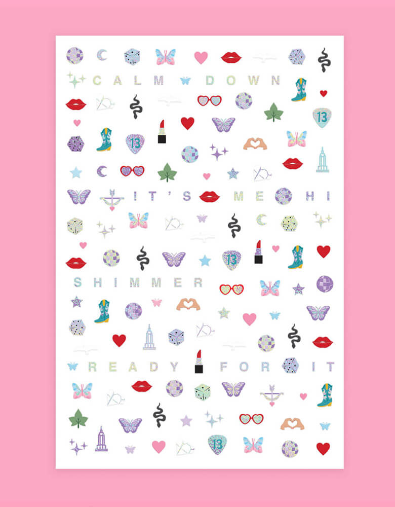 Momo Party's Taylor Swift Era's Nail Stickers by Xo, Fetti. Each pack comes with 544 adhesive nail stickers in the Taylor Swift inspired designs including red lipstick, red lips, butterflies, cowgirl boots, snakes, cassette tapes, guitar picks, heart hand symbols, and heart shaped sunglasses. These nail stickers make perfect party activity for your Swiftie girl's special birthday celebration.