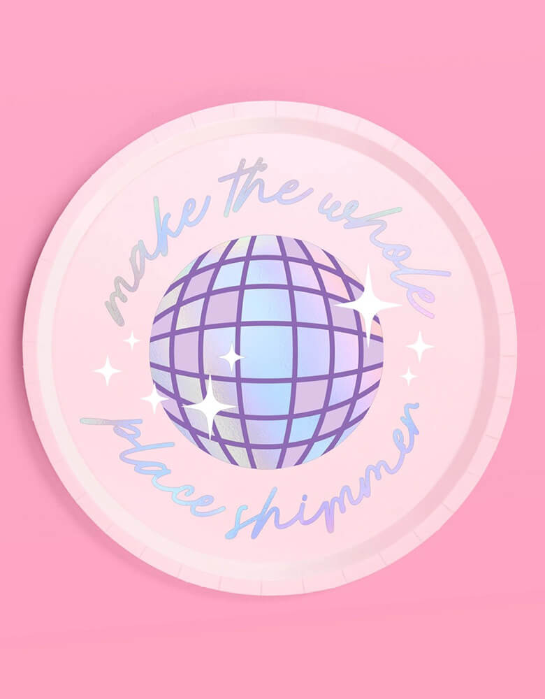 Momo Party's 9" x 9" Taylor Swift Era's Party pink paper plate by Xo, Fetti. This paper plate features a lilac ombre disco ball design with "Make the Whole Place Shimmer" It's perfect for the party table celebrating your Swiftie girl's special day. 