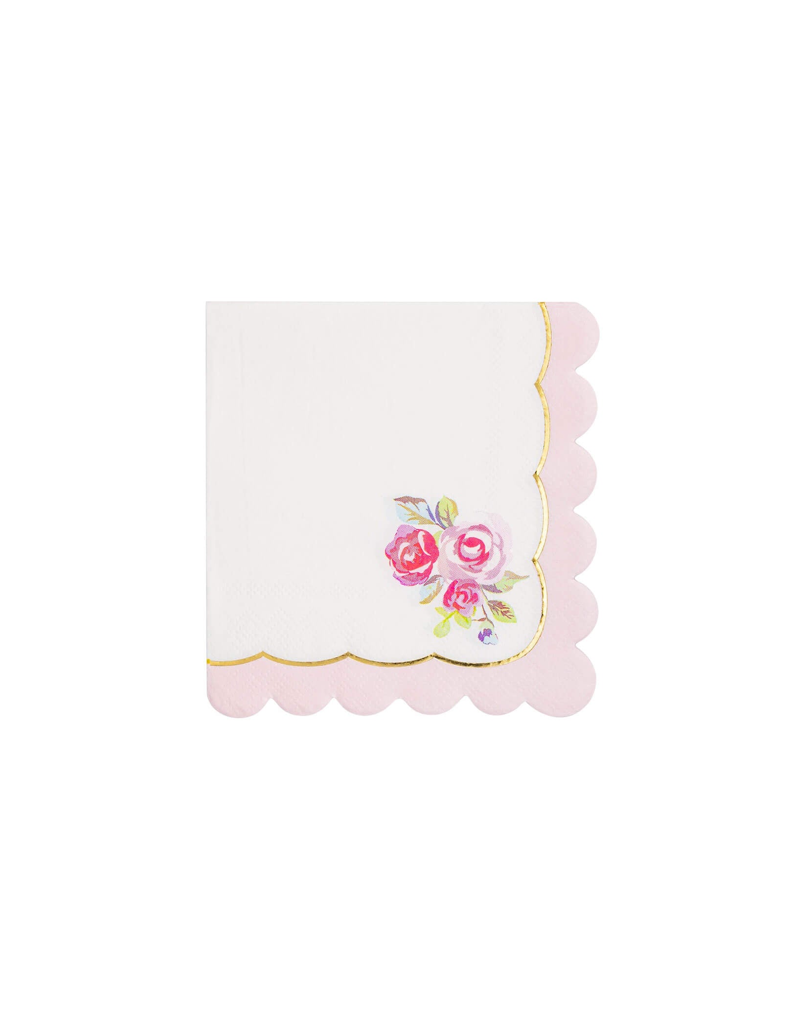 Momo Party's 5" x 5" Tea Party Rose Corner Paper Small Napkins by My Mind's Eye.  These napkins feature delicate rose designs enhanced with gold foil, perfect for any elegant occasion, including a girl's tea party birthday, a Mother's Day celebration, a bridal shower or girl's baby showers.