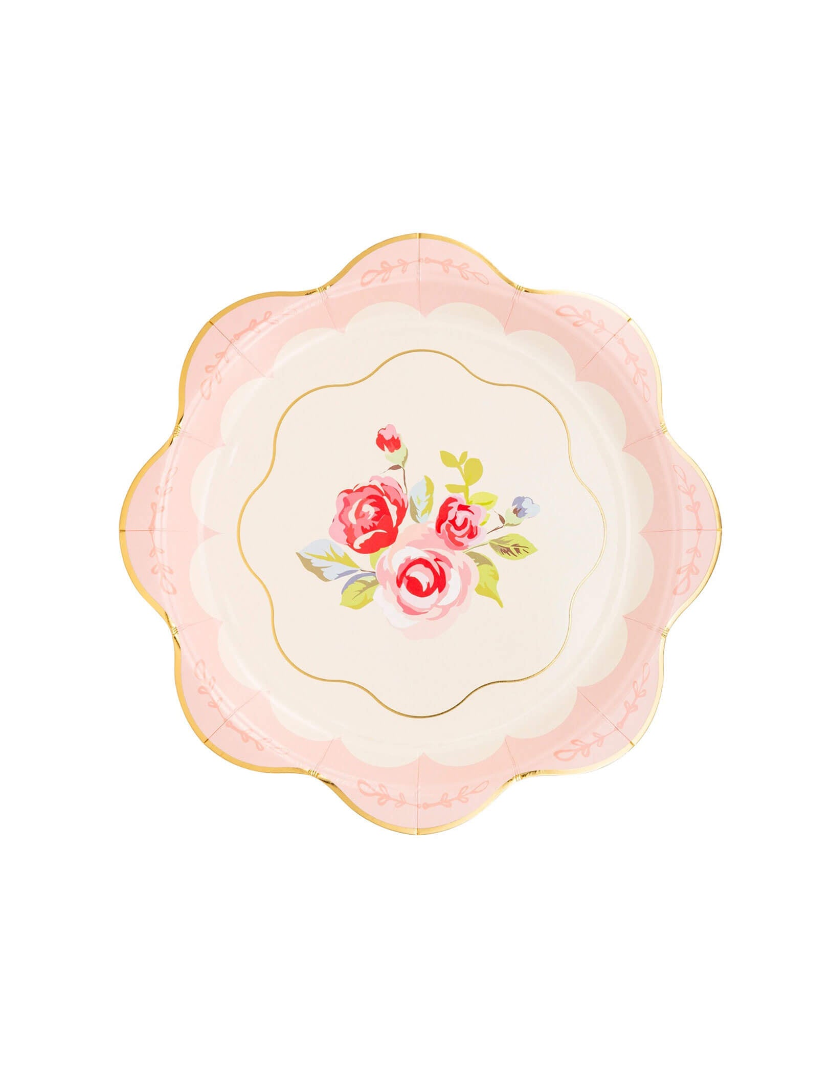 Momo Party's 9" Tea Party Scalloped Round Paper Plates by My Mind's Eye. Adorned with beautiful roses and a touch of gold foil, these scalloped paper plates will add an elegant touch to your event. Perfect for tea lovers and those who appreciate a bit of whimsy.