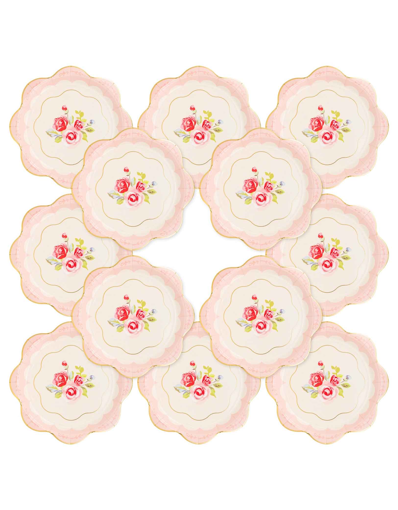 Momo Party's 9" Tea Party Scalloped Round Paper Plates by My Mind's Eye. Comes in a set of 12 plates, adorned with beautiful roses and a touch of gold foil, these scalloped paper plates will add an elegant touch to your event. Perfect for tea lovers and those who appreciate a bit of whimsy.