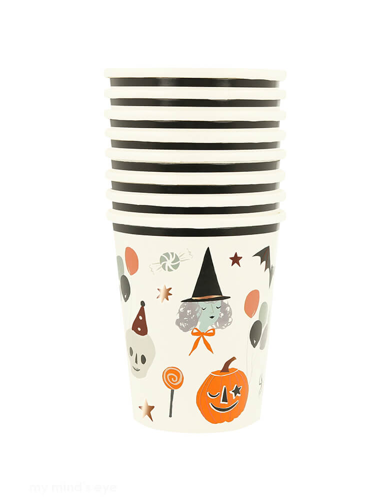 Momo Party's 9oz It's Halloween! Cups by Meri Meri. Comes in a set of 8 cups, these Halloween vintage-look cups, featuring happy Halloween icons including a witch, a pumpkin, a skull, a bat and candies, will definitely thrill your party guests. These boo-tiful cups will make your party table look terrific too.