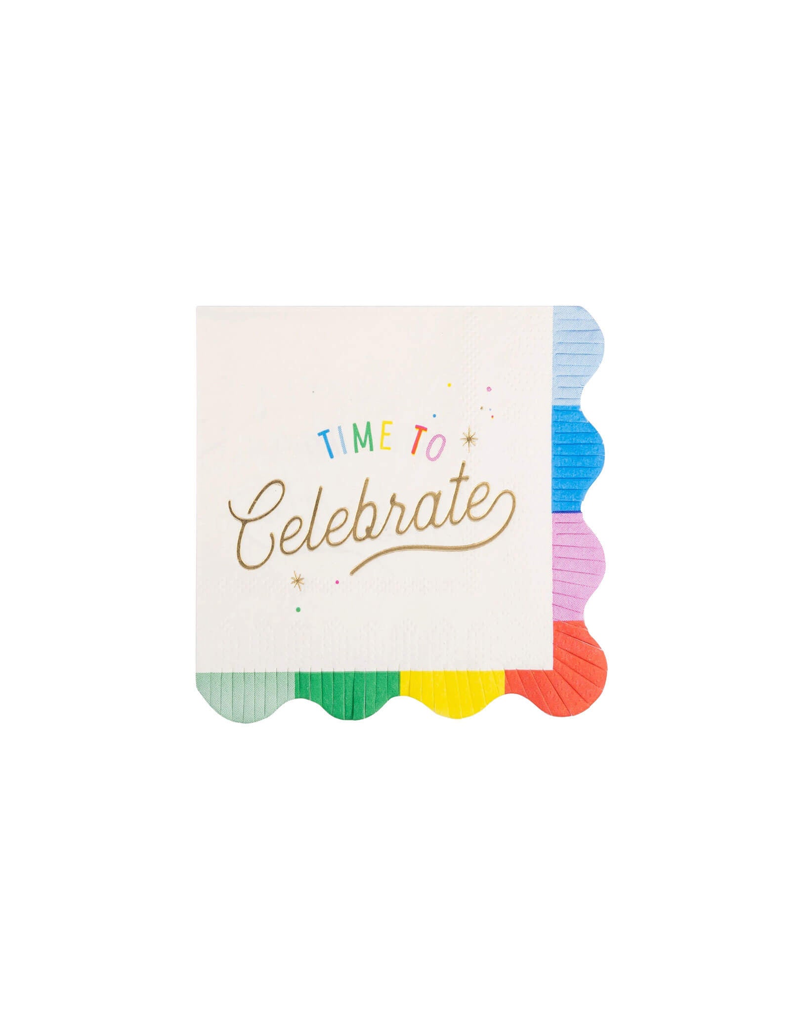 Momo Party's 5" Time To Celebrate Small Napkins by My Mind's Eye. Comes in a set of 18 napkins, these festive napkins feature a playful, fringed design and a birthday message that will bring a smile to everyone's face. Perfect for any birthday party, they'll help you clean up while keeping the party vibe going.