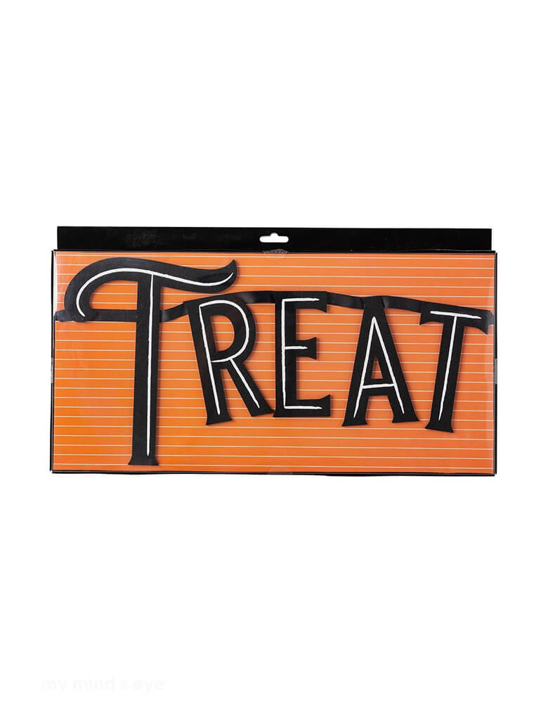 The package of Momo Party's 4ft Trick or Treat Felt Banner by My Mind's Eye. Made of high-quality felt, this Halloween banner adds a spooky touch to your home decor. Whether you're hosting a party or just love the holiday, it's the perfect way to greet trick-or-treaters!