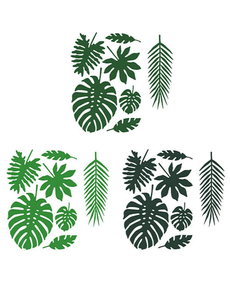 Momo Party's Tropical Leaves Decoration by Party Deco. These unique tropical leaf decorations contain 21 pieces - &nbsp; 7 different shapes of leaves, each shape in 3 shades of green color. Perfect for a tropical themed birthday party, fiesta or summer garden party.