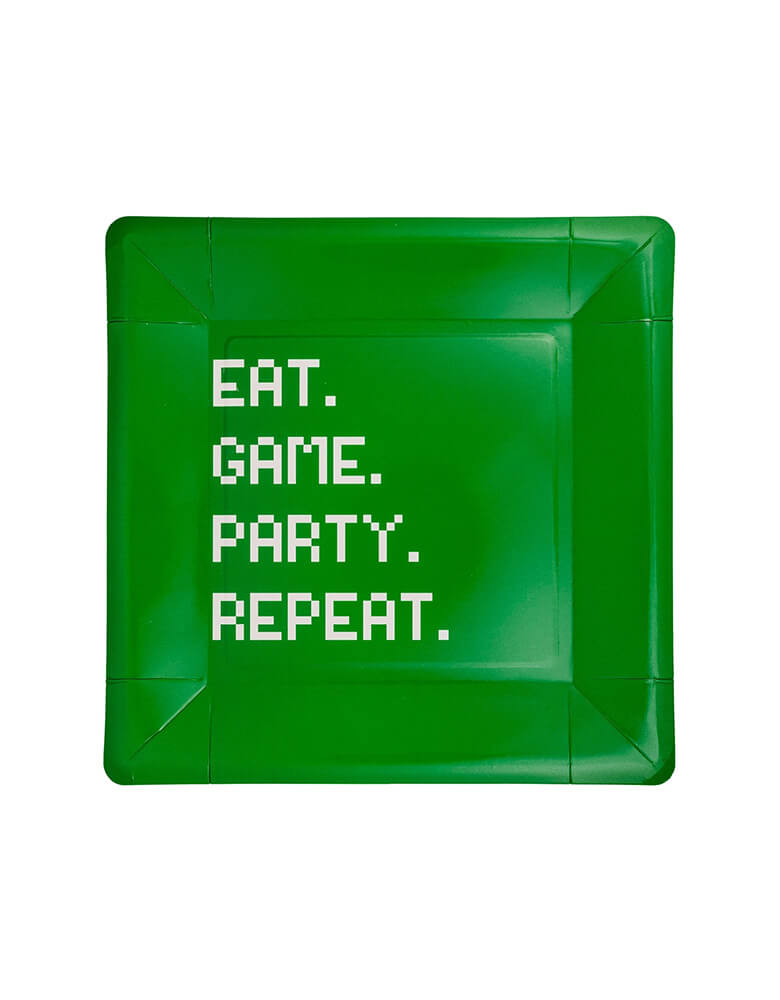 Momo Party's 9" x 9" Eat Game Party Square Paper Plates by My Mind's Eye.  Perfect for any gamer party, this plate is designed to bring out the fun in your gatherings. With its unique gamer design, it's sure to be a hit among your friends. No need to pause the game for food with this plate!