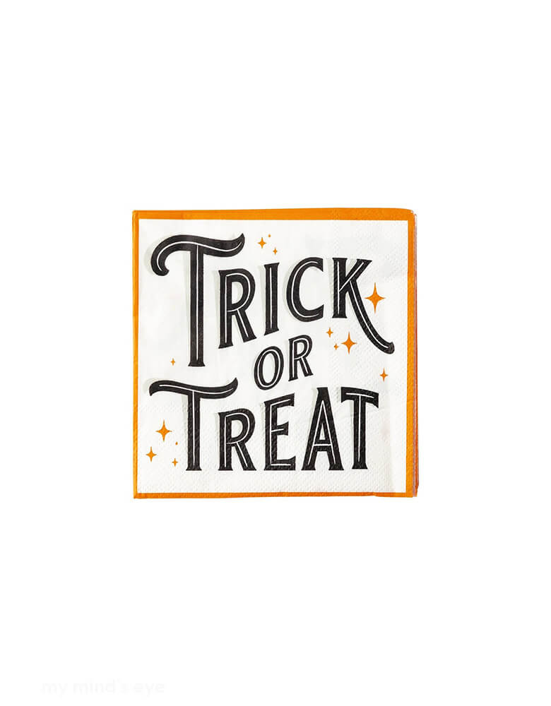 Momo Party's 5" x 5" Vintage Halloween Trick or Treat Small Napkins by My Mind's Eye. These napkins with "Trick or Treat" in a vintage style font in the classic Halloween colors of orange and black will add a touch of fun to your party while keeping your hands clean. Get ready for some tricks and treats with our festive napkins!