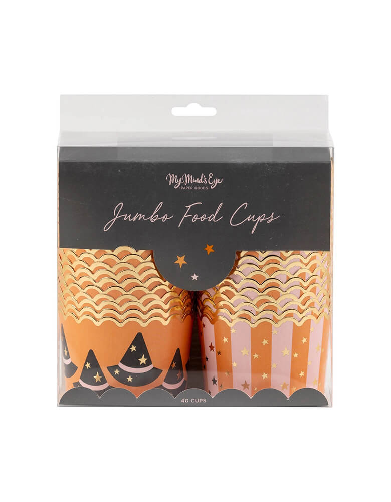 Momo Party's Jumbo Witch Hats and Stars Foil Baking Cups by My Mind's Eye. Step up your Halloween party game with these JUMBO foil baking cups featuring witch hats and stars. These 8 oz cups are perfect for all your spooky treats.