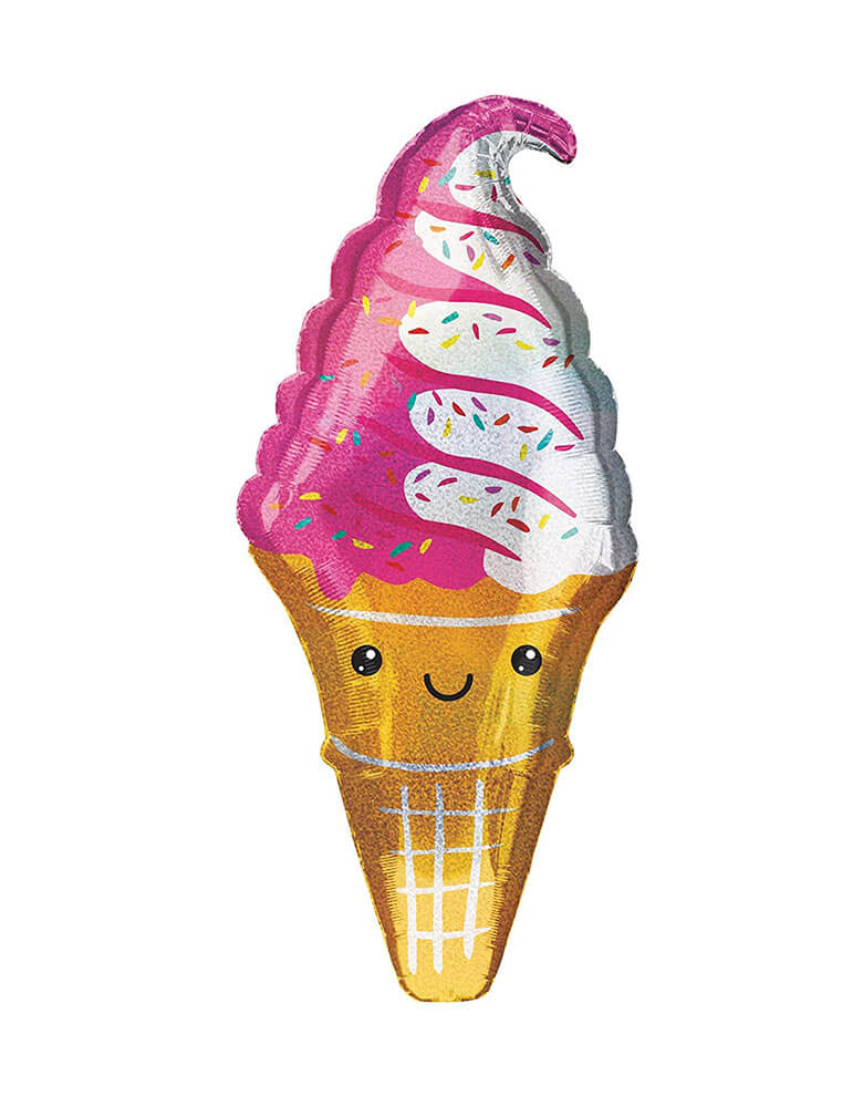 41" Holographic Smiling Strawberry Swirl Ice Cream Cone Foil Balloon