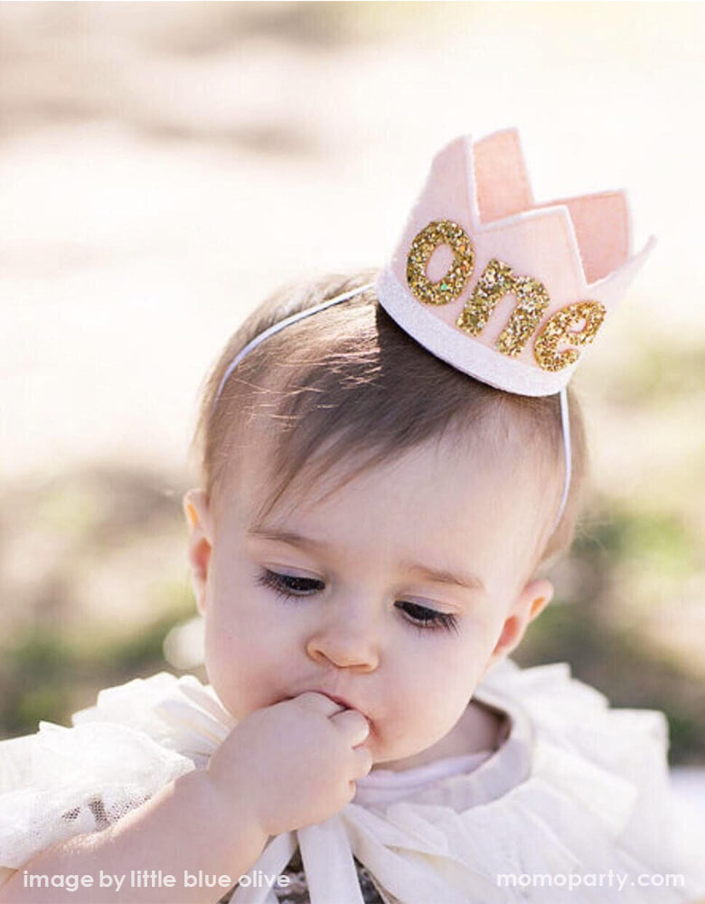 Girl's First Birthday Crown - Blush Felt with Gold Glitter One