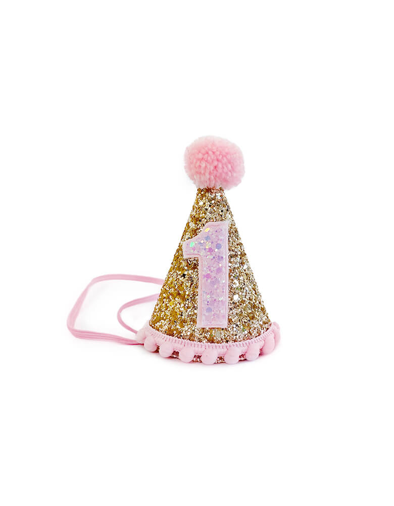 Gold Glitter + Pink Pom Pom First Birthday Hat