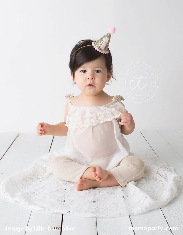 Gold Glitter + Pink Pom Pom First Birthday Hat