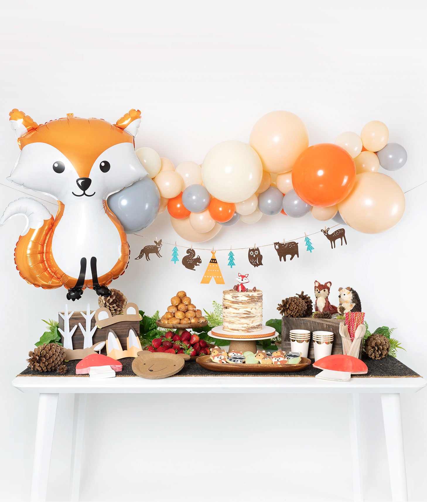 Woodland Animal fox Party Kids Birthday Party Boxes Bags Bottle Labels Cake  Topper Straws Glitter Centerpiece Paper Cups
